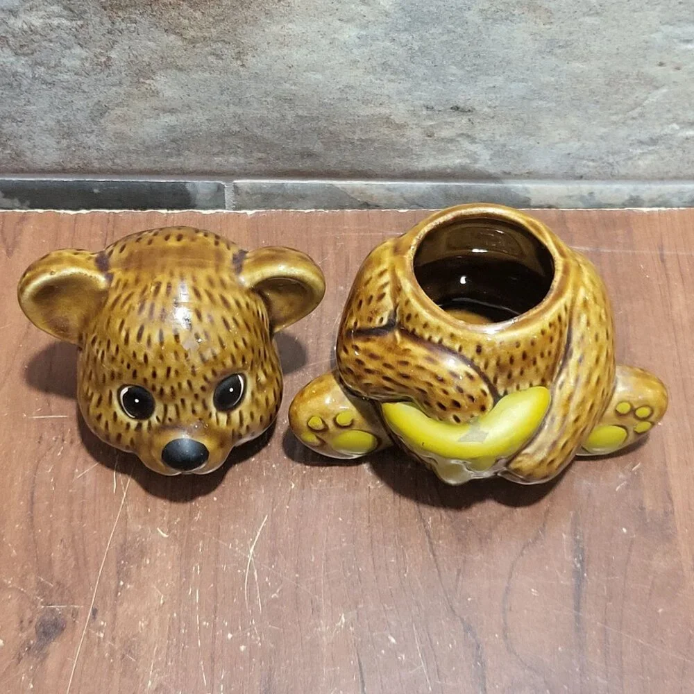 Vintage Ceramic Honey Bear Pot Jar Glossy Brown Glaze Finish